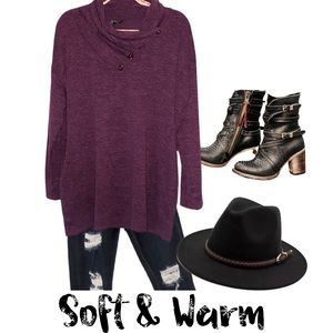 Purple Cowl Neck Sweater W/Button Detail, Size 2X